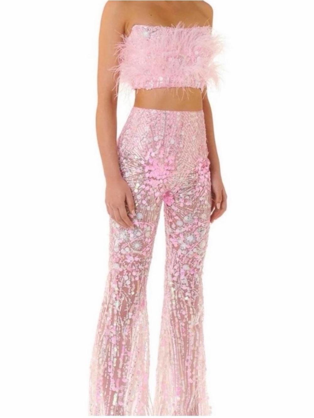 Eliya the Label Alyce Pants - Embellished Pink Wide Leg Sheer Pants